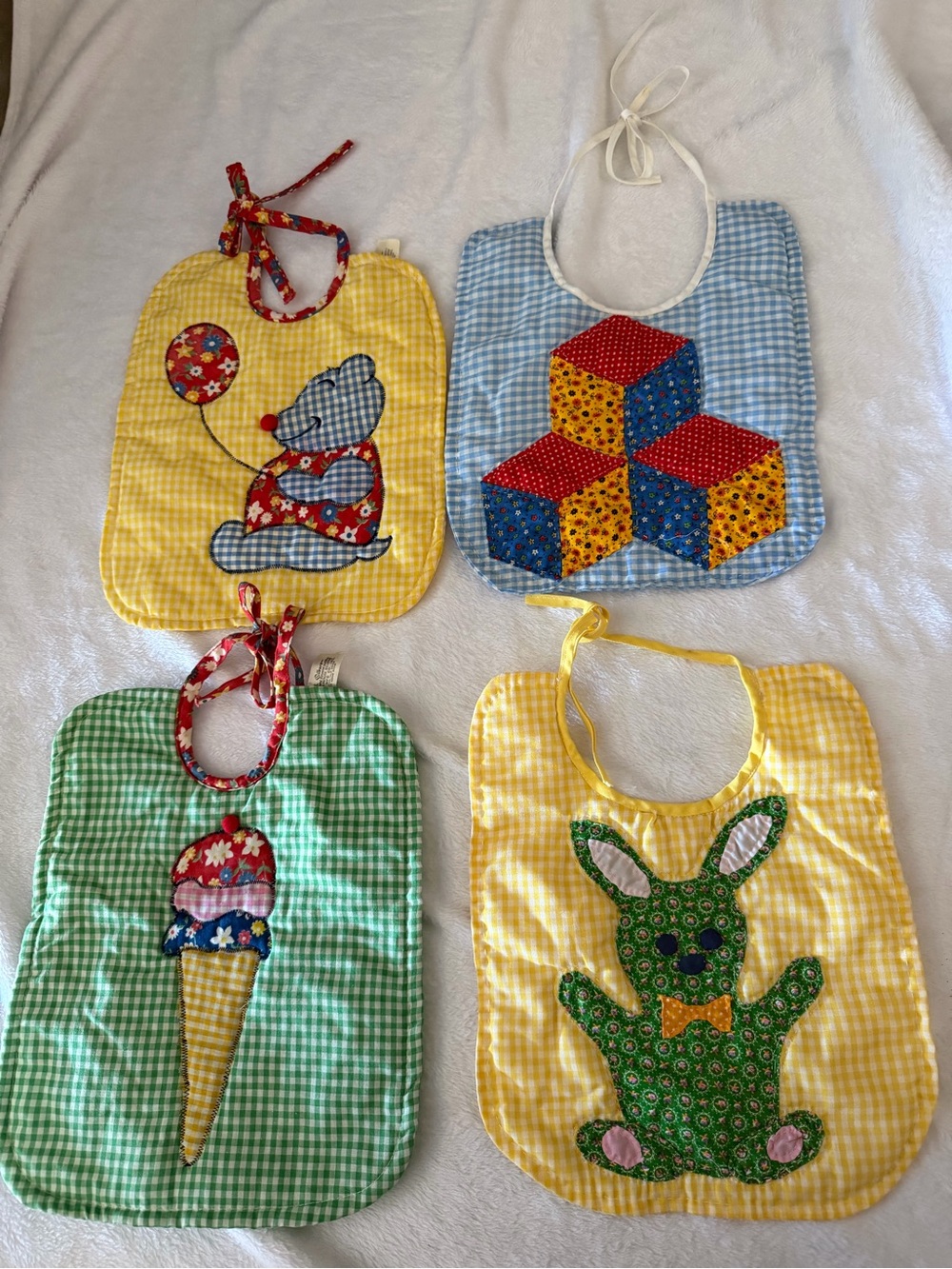 Vintage baby Yellow, Blue, Green Gingham Applique Bib Set